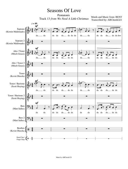 Seasons Of Love | Pentatonix [Full Sheet Music/Transcription]