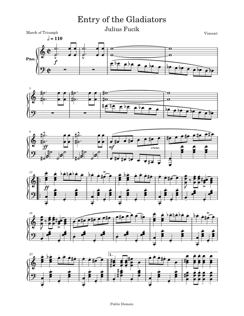 Julius Fucík Entry of the Gladiators (Piano Version) Sheet music for