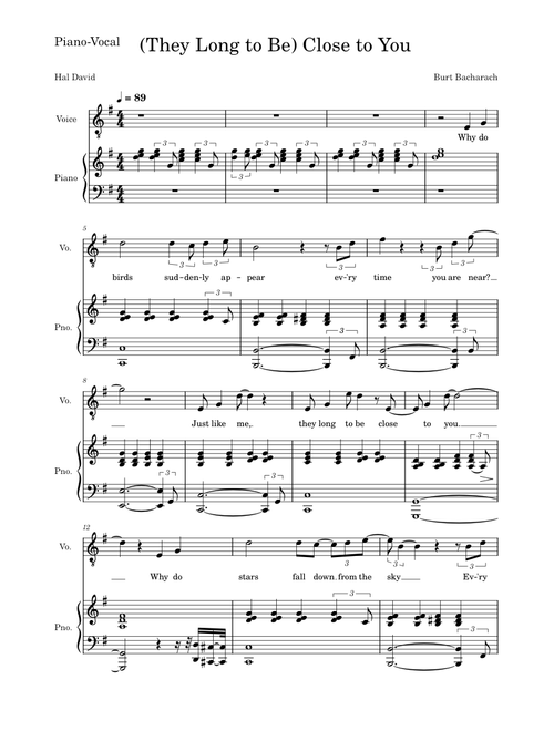 (They Long To Be) Close To You – Piano/Vocal