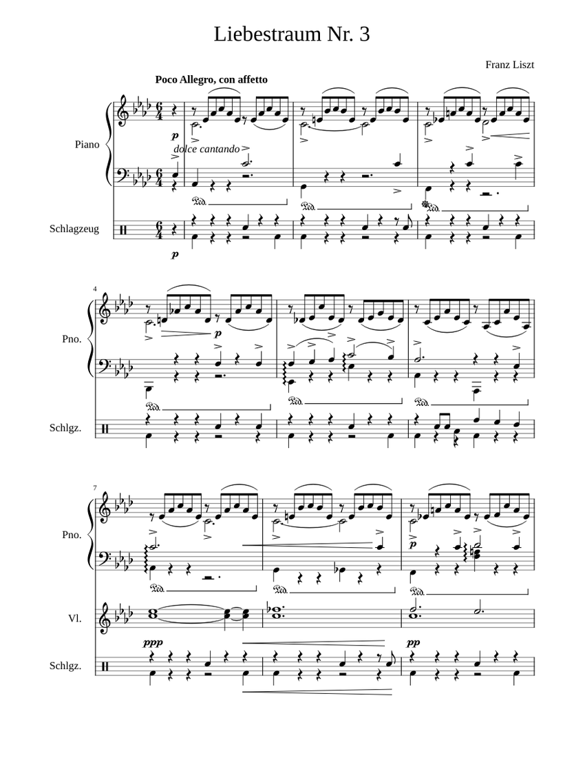 Liebestraum 3 – Franz Liszt Sheet Music For Piano, Violin, Drum Group ...