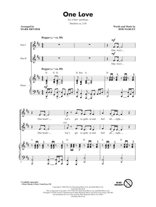 One Love (arr. Mark Brymer) - Bob Marley (Choral, 2-Part)