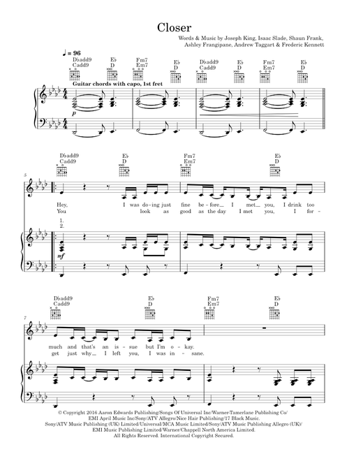 Closer (featuring Halsey) - Halsey, The Chainsmokers (Piano-Vocal-Guitar (Piano Accompaniment))