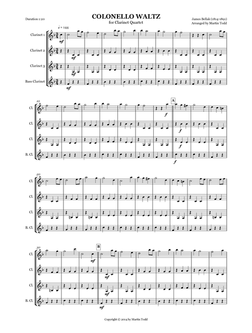 Colonello Waltz for Clarinet Quartet (Arr. Martin Todd) - James Bellak (Woodwind Ensemble)