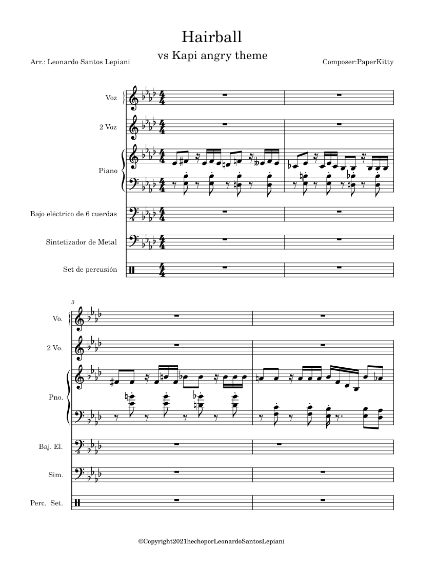 Hairball vs Kapi fnf mod Sheet Music for Piano, Bass guitar, Drum group ...