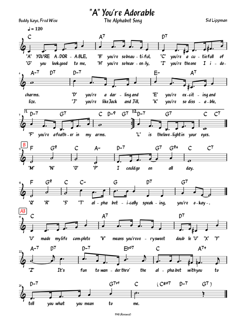"A" You're Adorable (Lead sheet with lyrics ) Sheet music for Piano