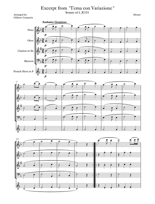Excerpt from sonate k331 - "Tema con Variazione" (Arr. Gildson Cerqueira) - Mozart (Woodwind Ensemble)