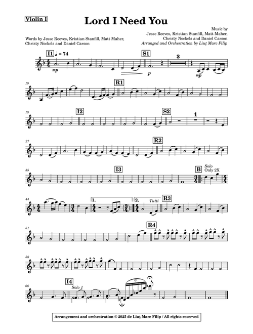 Lord, I Need You - Violin I (Arr. Liuț Marc Filip) - Matt Maher (Small Ensemble)