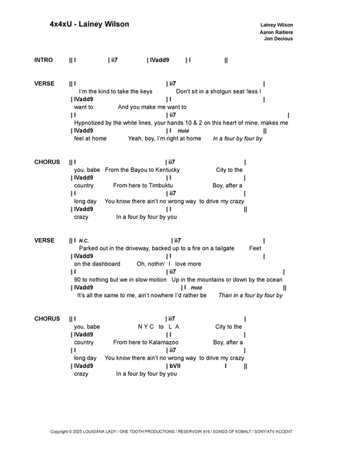 4x4xu (Arr. Bronson Ferdinand Wright) - Lainey Wilson (Lead Sheet - Fake Book)