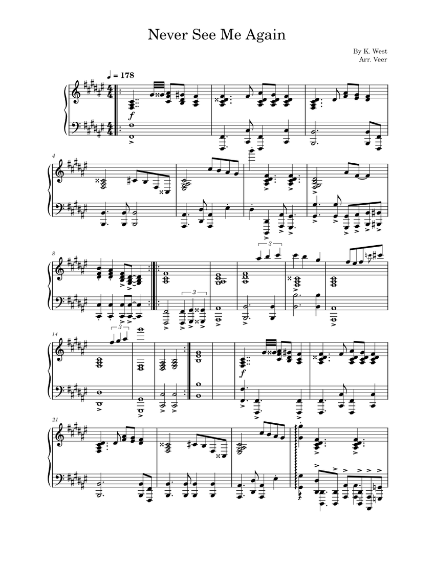 Never See Me Again Kanye West Sheet music for Piano (Solo