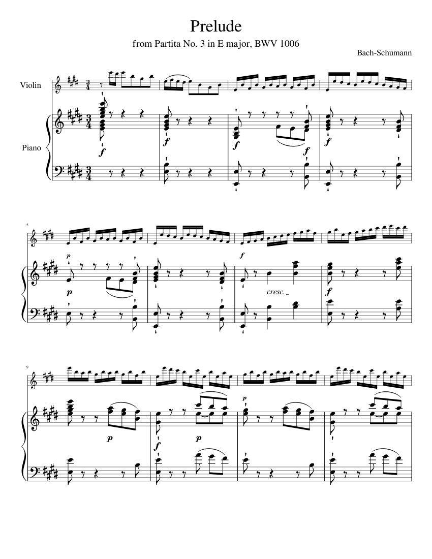 Prelude from Partita No. 3 BWV 1006 by Bach-Schumann for Violin and ...