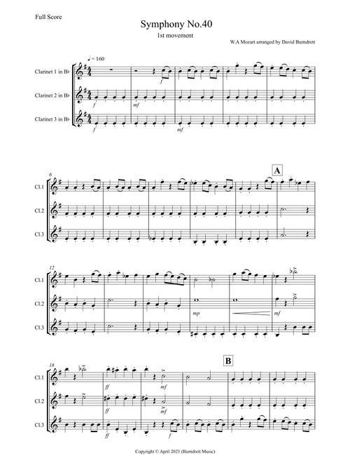 Symphony No.40 (1st movement) for Clarinet Trio (Arr. David Burndrett) - WA Mozart (Clarinet Solo)
