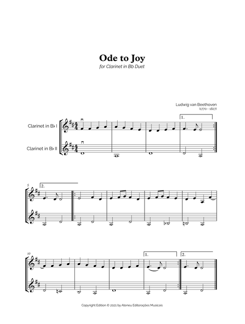 Ode to Joy for Easy Clarinet in Bb Duet (Arr. Marcos Soares) - Ludwig van Beethoven (Clarinet Duet)