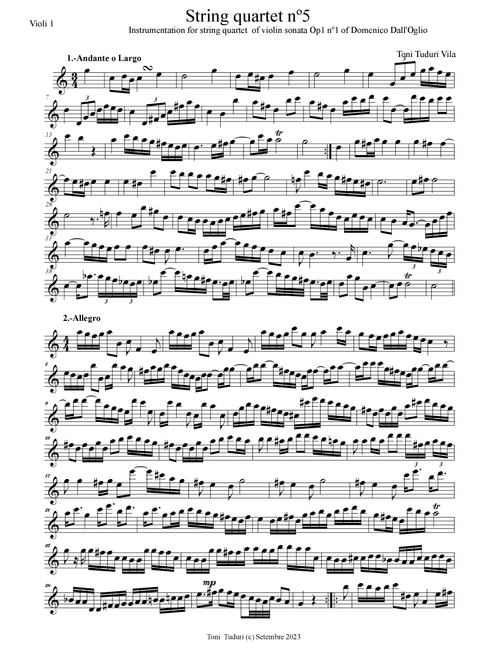 String quartet nº 5 in C Major (nstrumentation of Violin sonata Op1 nº1 - Domenico dall'Oglio) (Arr. Antonio Tudurí VIla) (String Quartet)