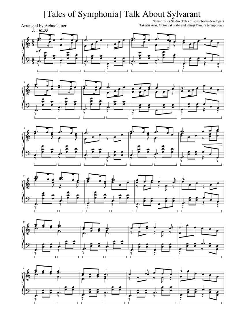 [Tales of Symphonia] Talk About Sylvarant Sheet Music for Piano (Solo ...