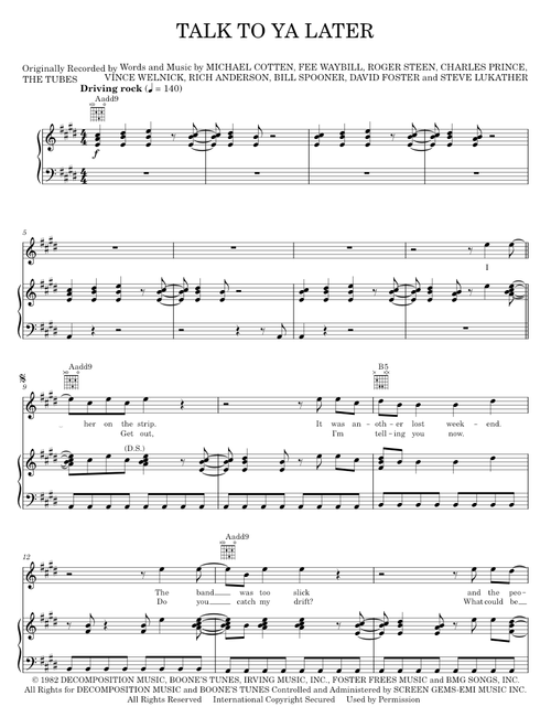 Talk To Ya Later - David Foster, The Tubes (Piano-Vocal-Guitar)
