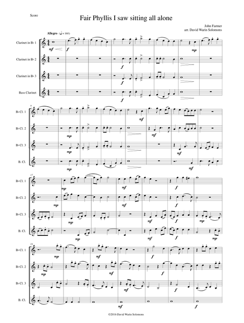Fair Phyllis I saw sitting all alone for clarinet quartet (3 B flats, 1 Bass) (Arr. David Warin Solomons) - John Farmer (Woodwind Ensemble)