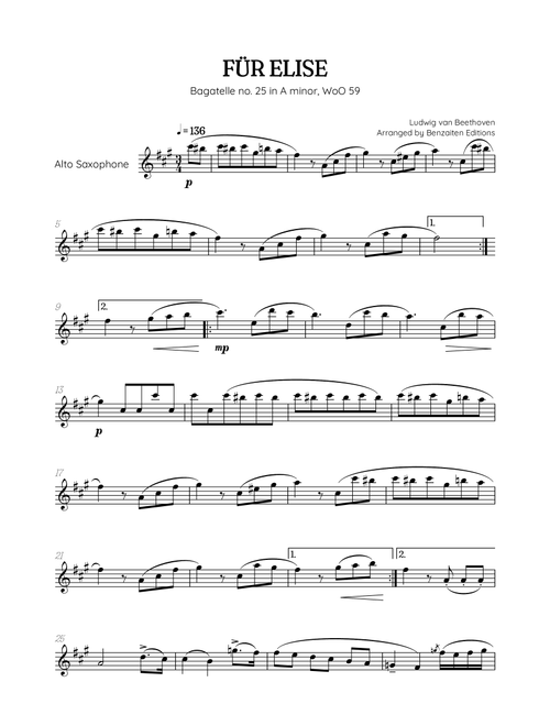 Beethoven • Für Elise / Pour Elise • saxophone sheet music (Arr. Benzaiten Editions) - Ludwig Van Beethoven (Alto Sax Solo)