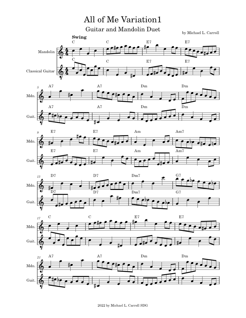 Variation on "All of Me" Chord Progression for Mandolin and Guitar Sheet music for Guitar