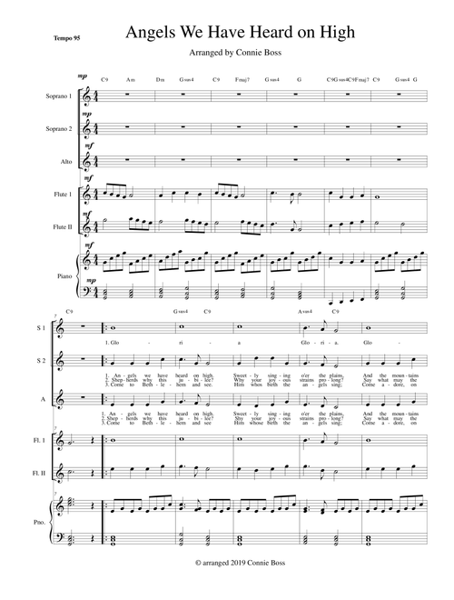 Angels We Have Heard on High SSA, Flute duet and piano (Arr. Connie Boss) - Unknown (Piano-Vocal-Guitar (Piano Accompaniment))