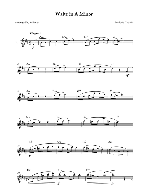 Waltz in A Minor | B. 150, Op. Posth. | Chopin | Clarinet | Chords (Arr. Milanov) - Frédéric Chopin (Clarinet Solo)