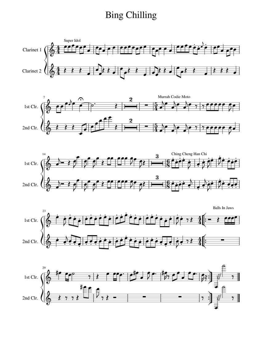 Bing Chilling A Clarinet Duet For TikTok Chinese Memes Sheet Music