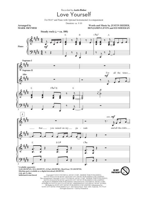 Love Yourself (arr. Mark Brymer) - Justin Bieber (Choral, SSA)