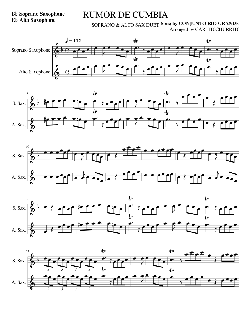 RUMOR DE CUMBIA (Soprano & Alto Sax Duet) by CARLIT0CHURRIT0 Sheet
