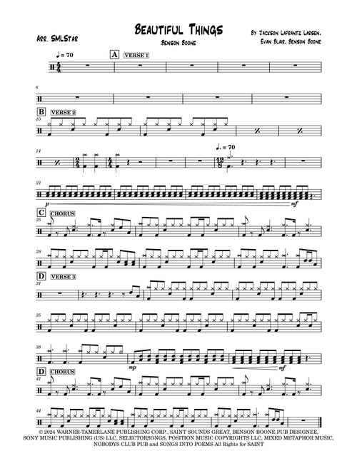 Beautiful Things (Arr. SMLStar) - Benson Boone (Drums)
