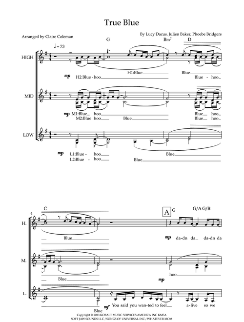 True Blue (Arr. Claire Coleman) - Boygenius (Choral, SAA)
