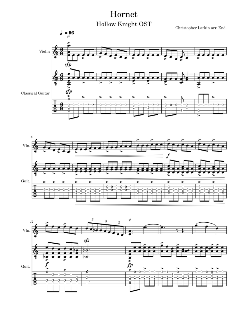 Hornet Sheet Music For Violin, Guitar (Mixed Duet) | Musescore.com