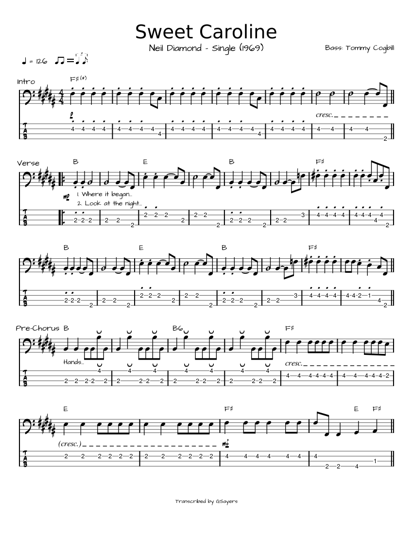 Neil Diamond Sweet Caroline Bass Sheet music for Bass guitar (Solo
