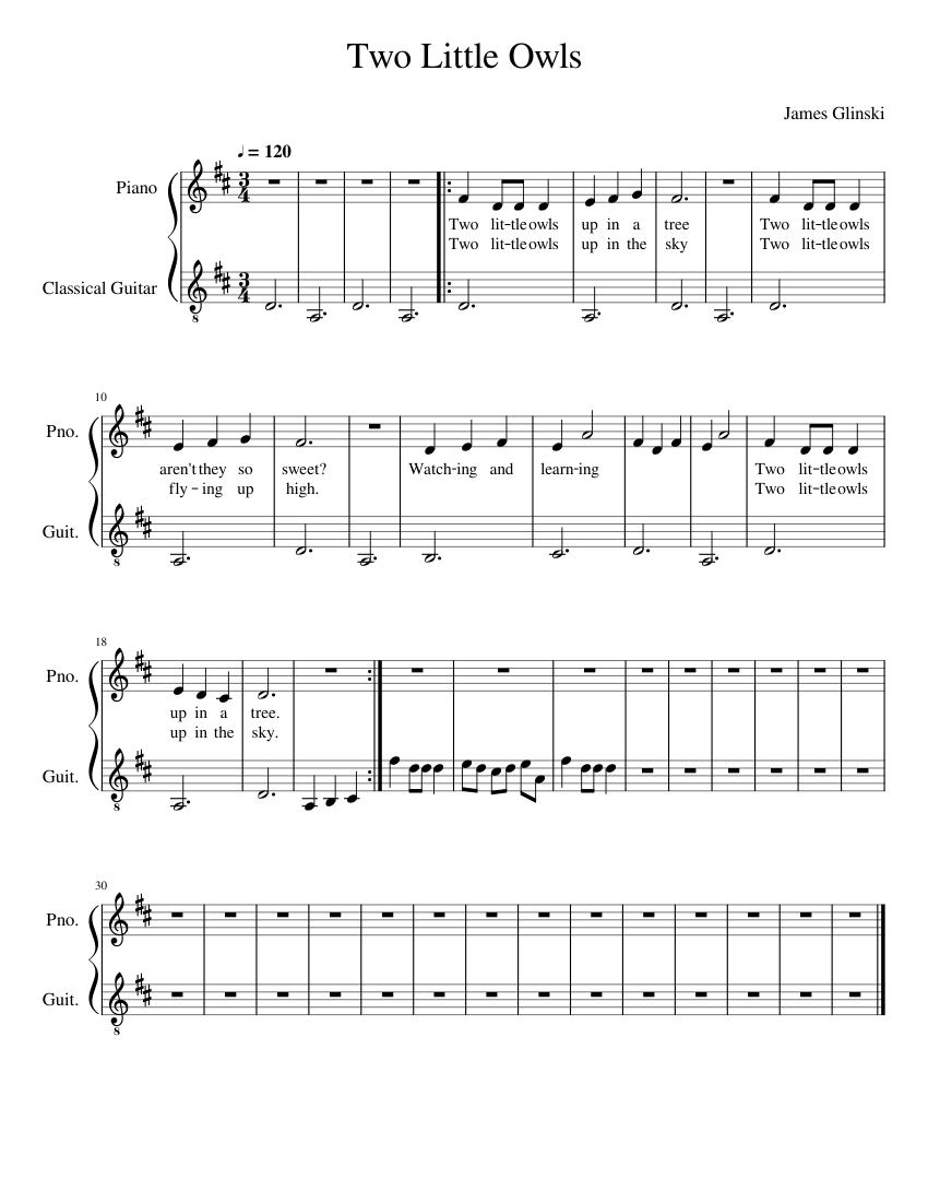 Two Little Owls Sheet Music for Piano, Guitar (Mixed Duet) | MuseScore.com