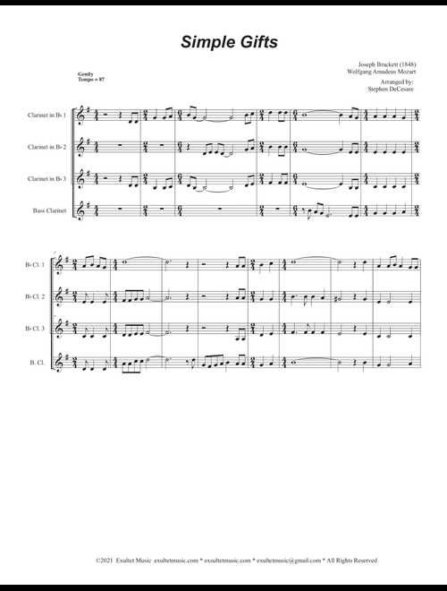 Simple Gifts (Clarinet Choir and Piano) (Arr. Stephen DeCesare) - Joseph Brackett Wolfgang Amadeus Mozart (Woodwind Ensemble)