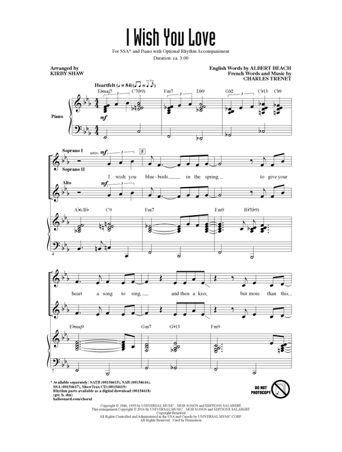 I Wish You Love (Arr. Kirby Shaw) - Gloria Lynne, Charles Trenet, Albert Beach (Choral, SSA)