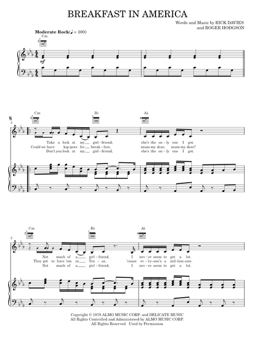Breakfast in america - Supertramp (Piano-Vocal-Guitar)