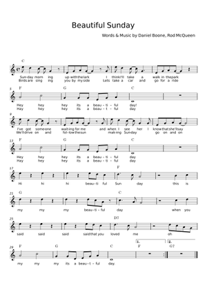 Beautiful sunday - Daniel Boone Sheet Music with Chords for Piano (Solo ...