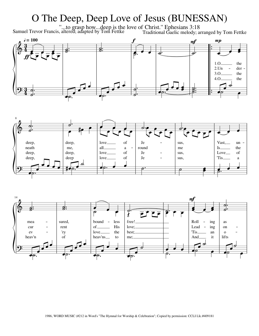 O The Deep, Deep Love of Jesus (BUNESSAN) Sheet Music for Piano