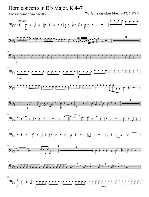 W. A. Mozart - Concerto n. 3 for horn in E b major K 447 - Cello e Contrabass Complete Score