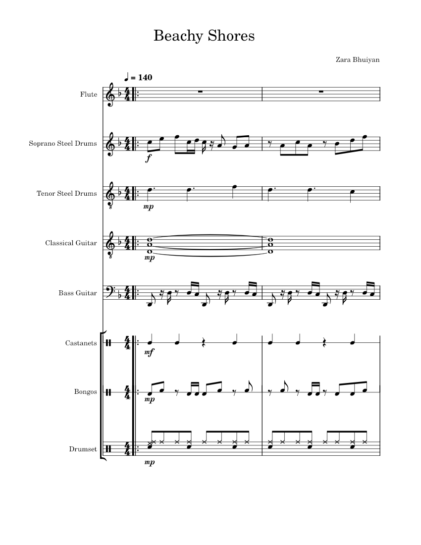 Beachy Instruments Beachy Shores Sheet Music for Flute, Guitar, Bass guitar, Drum group ...
