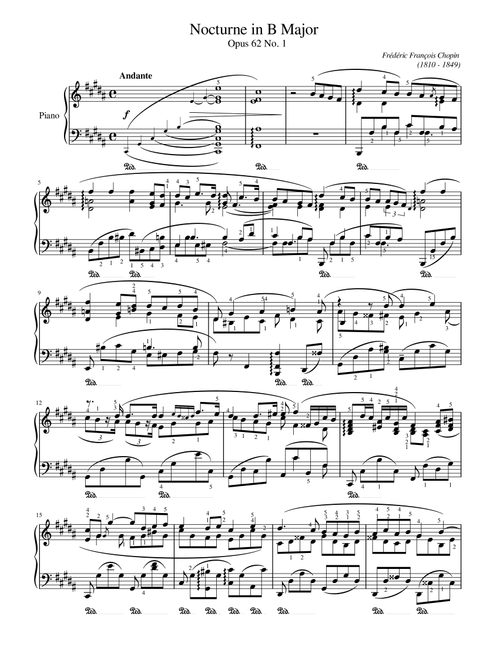 Chopin - Nocturnes Op.62 No.1 in B Major Andante - Original With Fingering For Piano Solo (Arr. poon) - Frédéric François Chopin (Piano Solo)