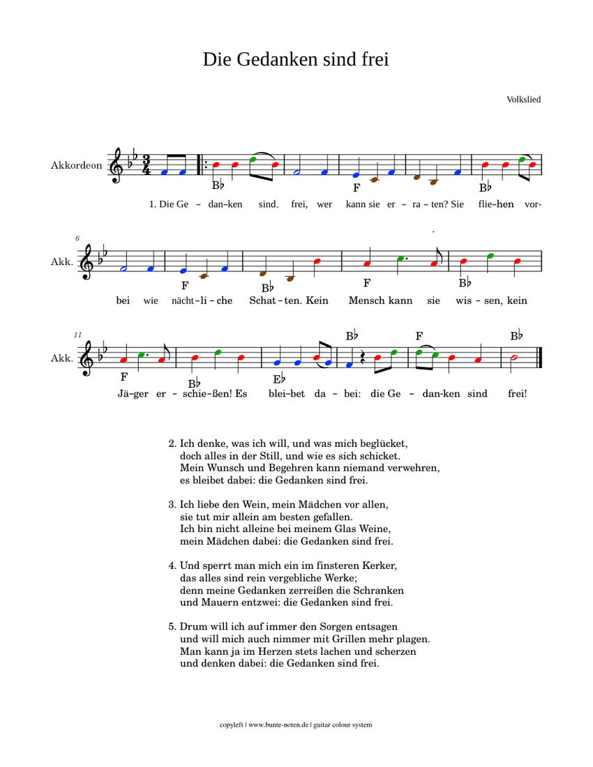 Die Gedanken Sind Frei – Misc Tunes Die Gedanken Sind Frei B-Dur Sheet ...