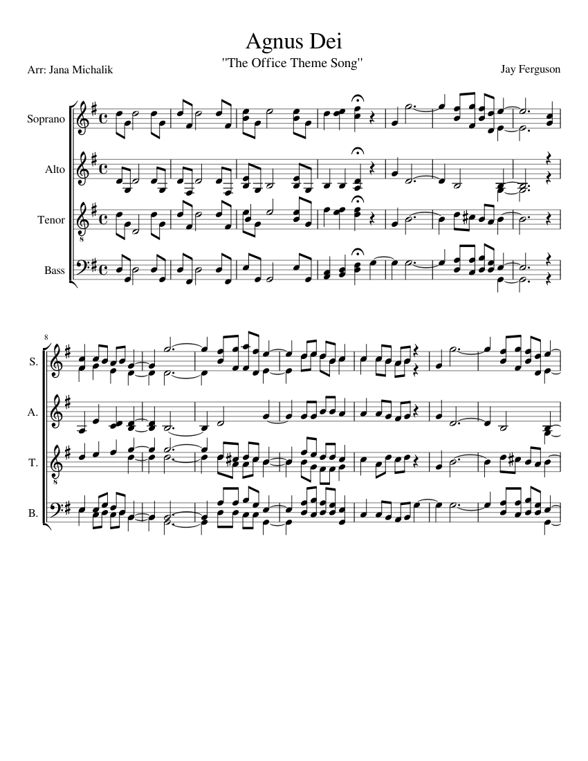 Agnus Dei Sheet Music For Soprano, Alto, Tenor, Bass Voice (Choral ...