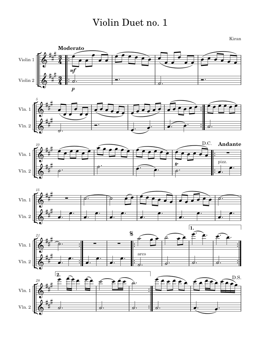Violin Duet, Op no. 1 - Kiran Sheet Music for Violin (String Duet ...