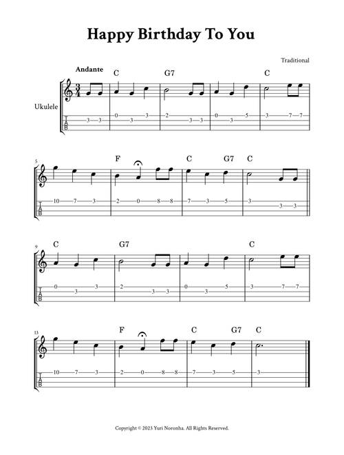Happy Birthday To You - For Ukulele (C Major - with TAB, Chords) (Arr. Yuri Noronha) - Traditional (Ukulele)