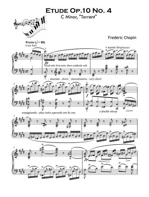 Etude Op. 10 No. 4 Torrent - Piano Sheet Music with note names (Arr. Published Harmony) - Chopin (Piano Solo)
