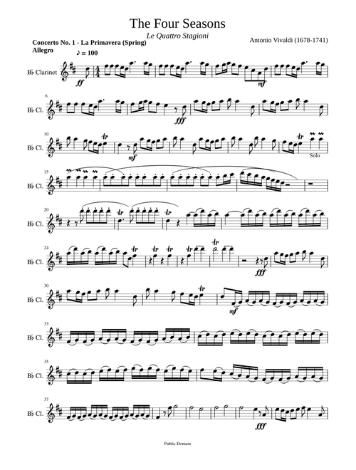Bb Simplified Vivaldi Four Seasons Complete Trumpet Clarinet modified tempos & keys