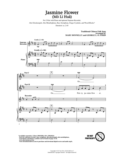 Jasmine Flower (Mo Li Hua) (Arr. Mary Donnelly) - Traditional Chinese Folk Song (Choral, 2-Part)