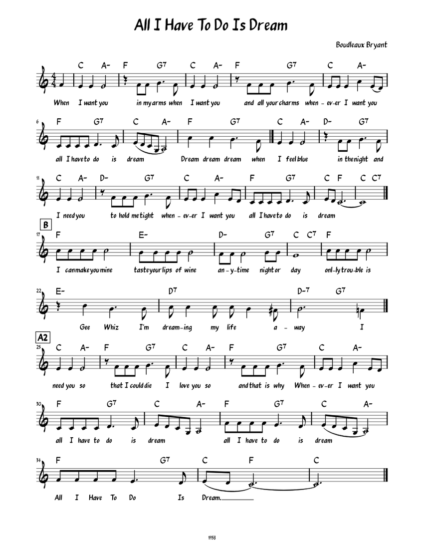 All I Have To Do Is Dream Lead sheet with lyrics Sheet music for Piano Solo Easy Musescore