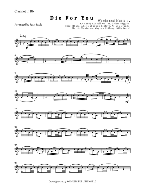 Die For You Remix (Arr. Jean Szulc) - The Weeknd With Ariana Grande (Clarinet Solo)