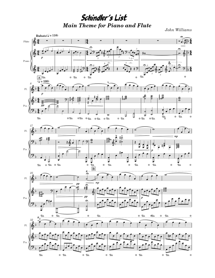 Schindler's List Theme John Williams Sheet music for Piano, Flute